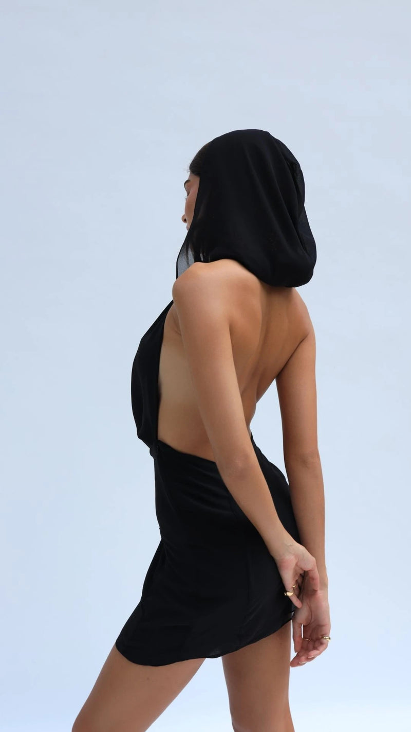 Backless Hooded Chiffon Mini Dress
