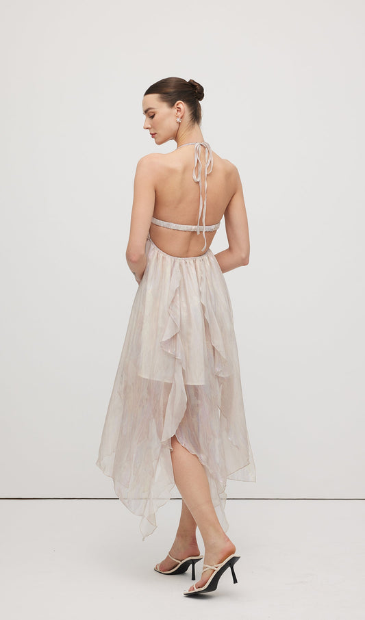 Halter Tulle Pleated Midi Dress
