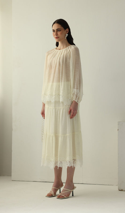 Long Sleeved Lace Panel Midi Skirt