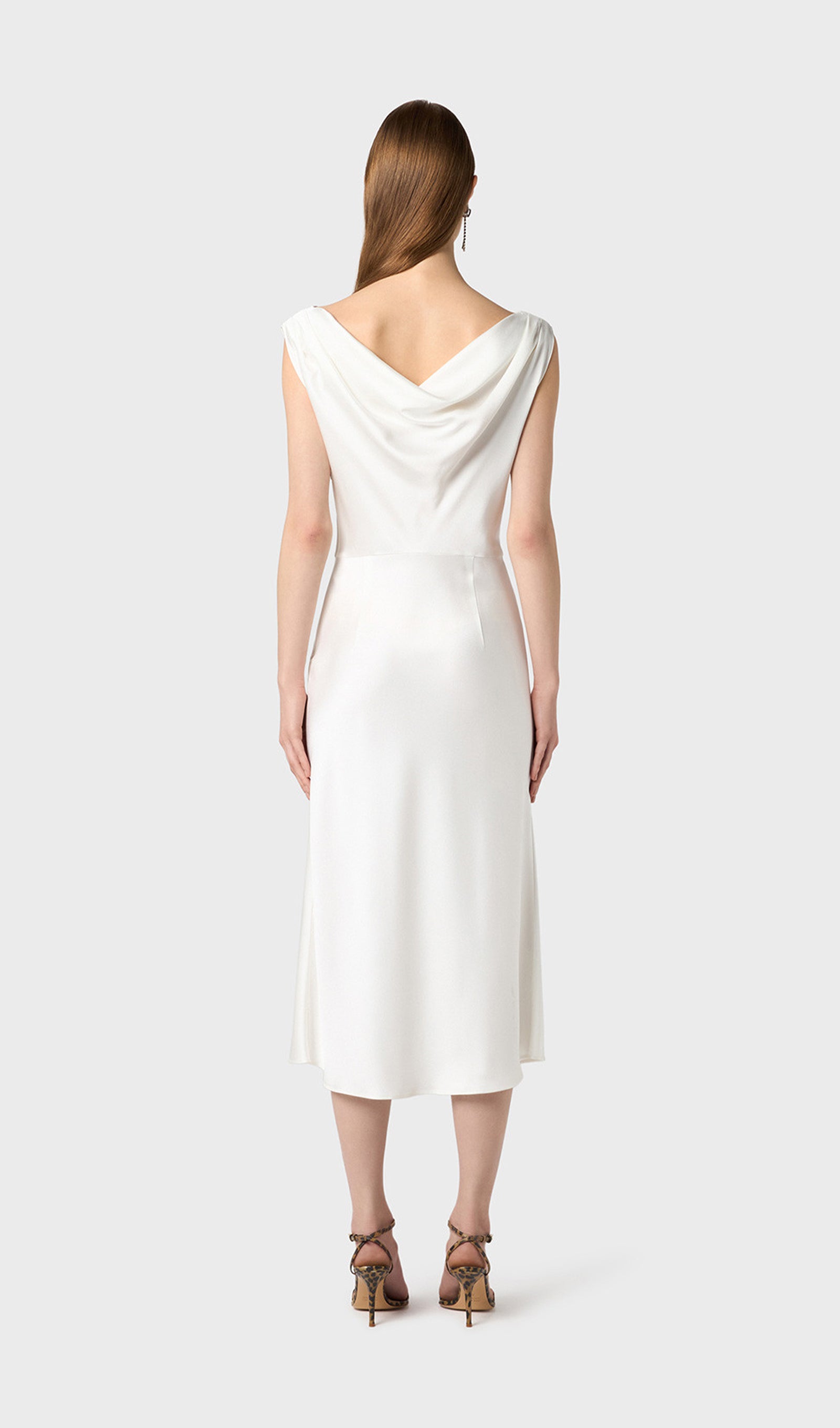 Shiny Satin With Draped Neckline Midi Dress