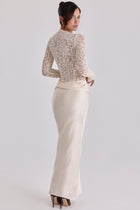 Boat-Neck Long-Sleeve Lace Bodysuit Top with Waist-Drape Satin Skirt Set