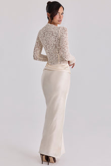 Boat-Neck Long-Sleeve Lace Bodysuit Top with Waist-Drape Satin Skirt Set