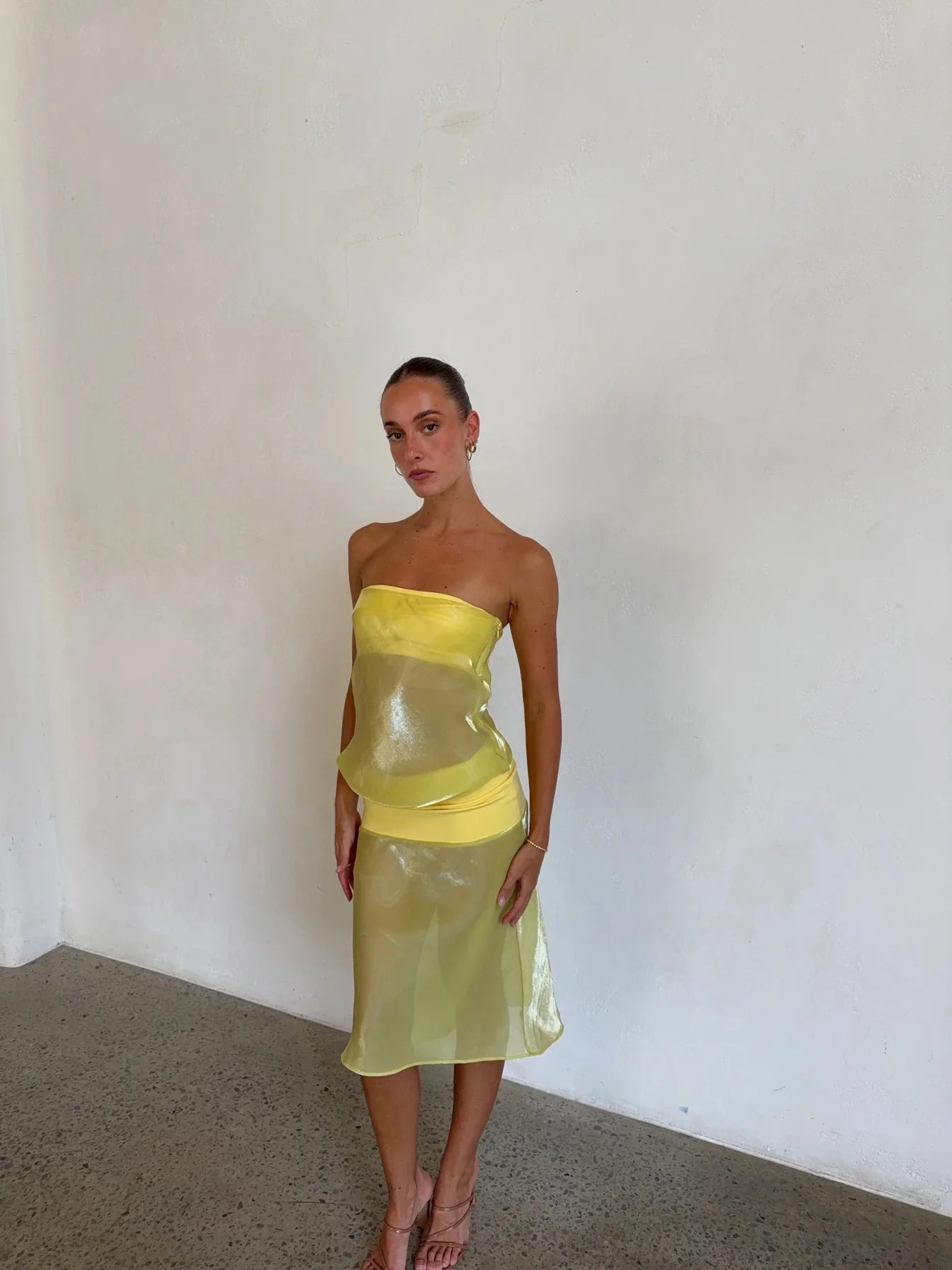 Strapless Iridescent Mesh Four-Way Stretch Paneled Yellow Midi Dress