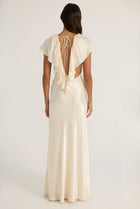 Deep-V Sleeveless Ruffle-Front Satin Maxi Dress
