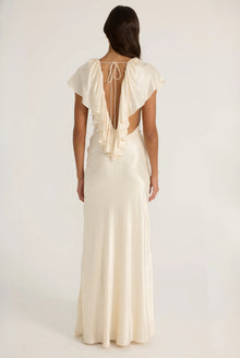 Deep-V Sleeveless Ruffle-Front Satin Maxi Dress