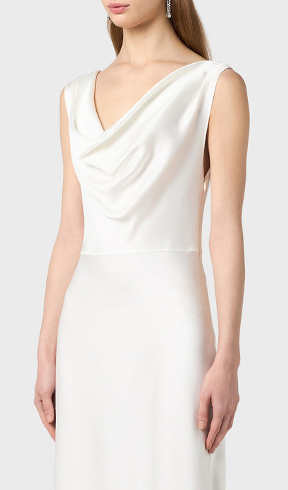Shiny Satin With Draped Neckline Midi Dress