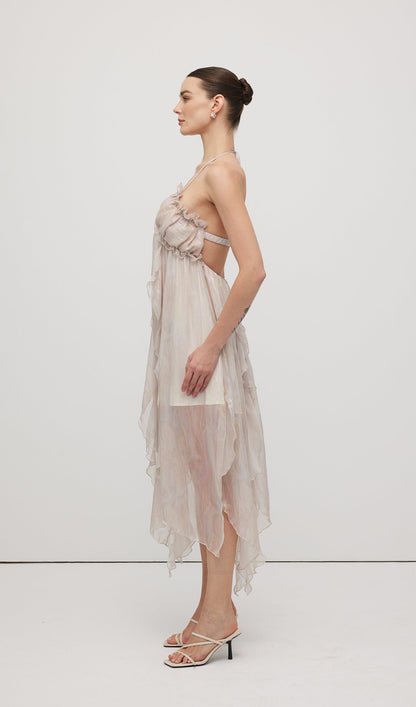 Halter Tulle Pleated Midi Dress