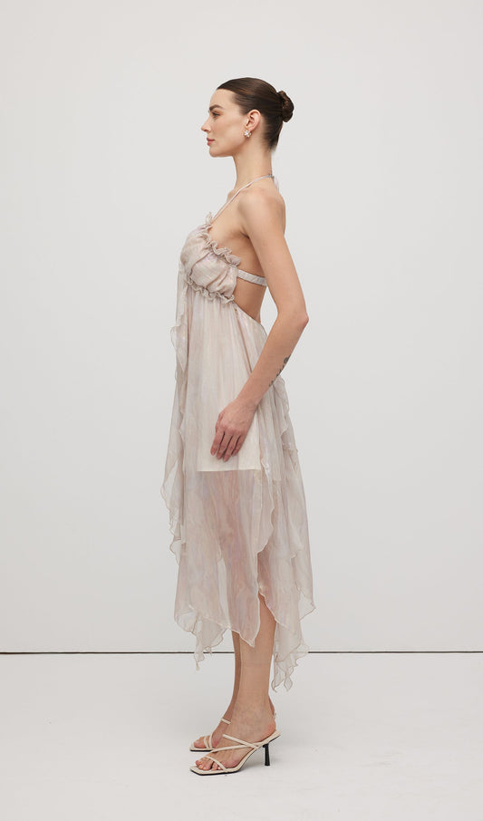 Halter Tulle Pleated Midi Dress