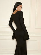 Square Neck Ruffle Long-Sleeve Asymmetrical Hem Maxi Dress