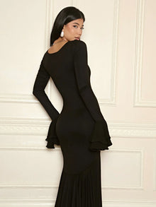 Square Neck Ruffle Long-Sleeve Asymmetrical Hem Maxi Dress