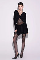 V-Neck Long-Sleeve Lace-Splicing Waist A-Line Mini Dress