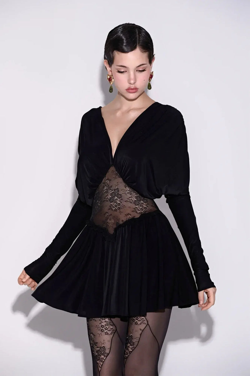 V-Neck Long-Sleeve Lace-Splicing Waist A-Line Mini Dress