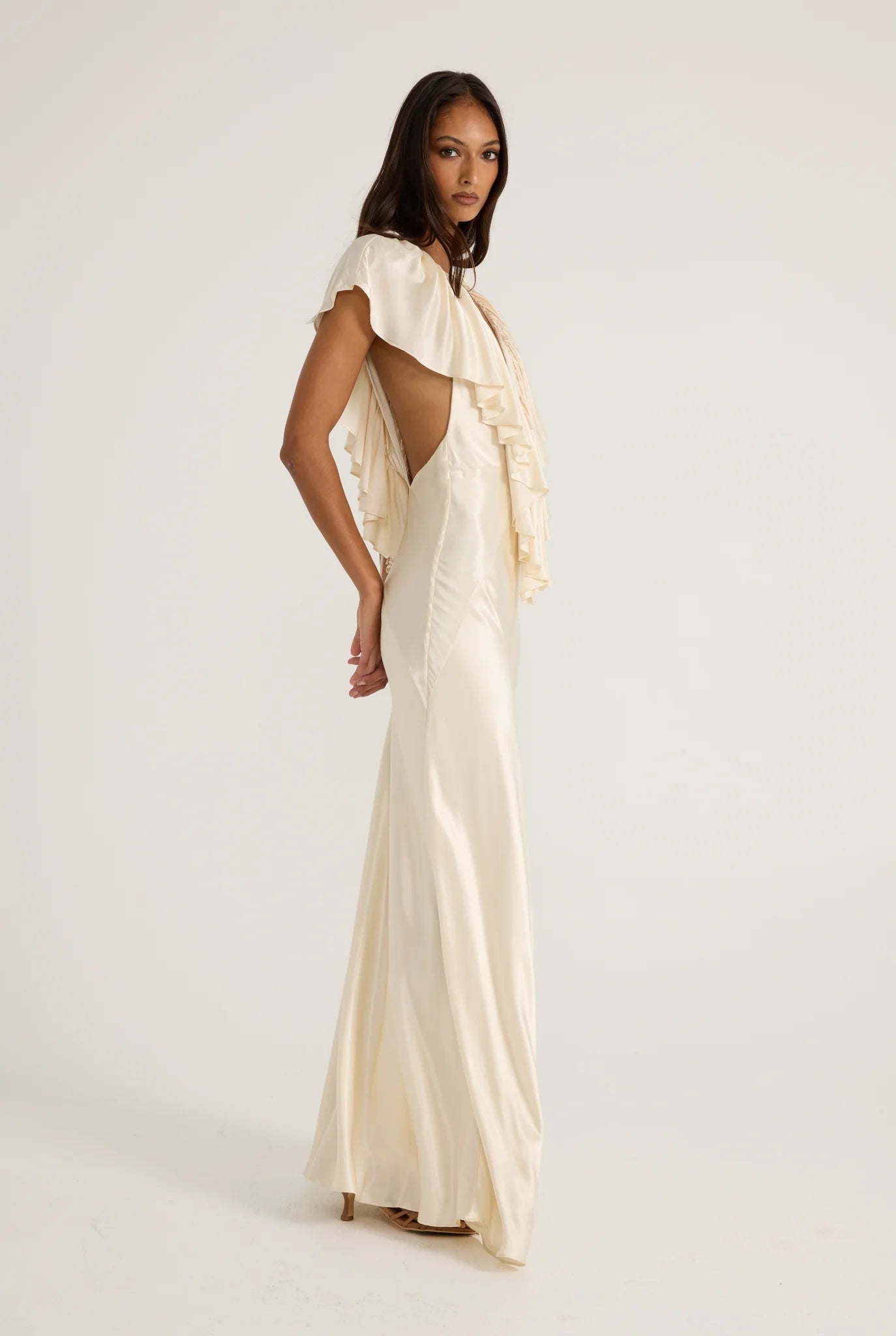 Deep-V Sleeveless Ruffle-Front Satin Maxi Dress