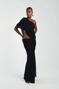 Asymmetrical Shoulder Knit Top & Draped Waist Skirt Set