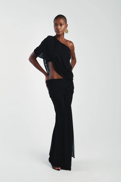 Asymmetrical Shoulder Knit Top & Draped Waist Skirt Set
