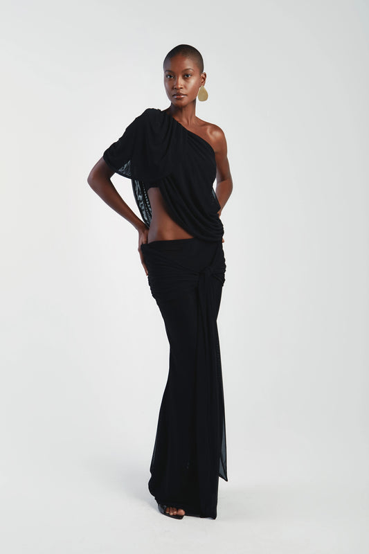 Asymmetrical Shoulder Knit Top & Draped Waist Skirt Set