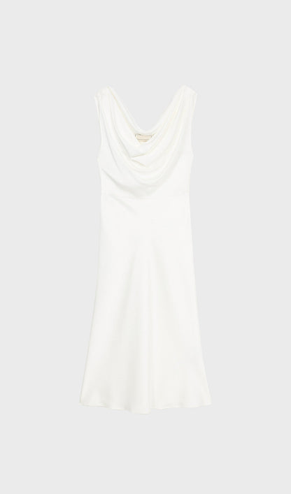 Shiny Satin With Draped Neckline Midi Dress