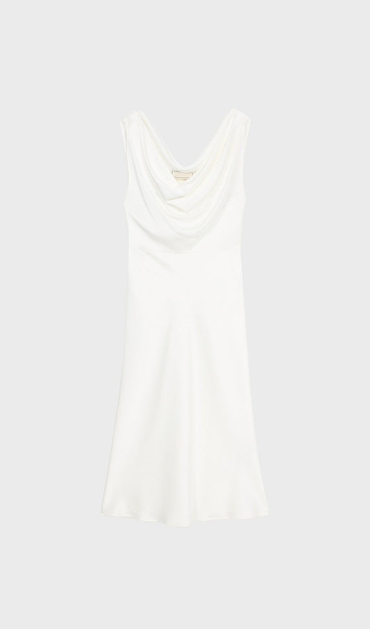 Shiny Satin With Draped Neckline Midi Dress