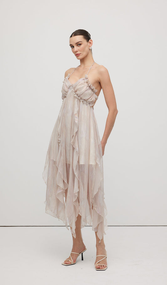 Halter Tulle Pleated Midi Dress