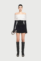 Off-Shoulder Long Sleeve Slight Flared Cuffs Ruched Bodycon Dress