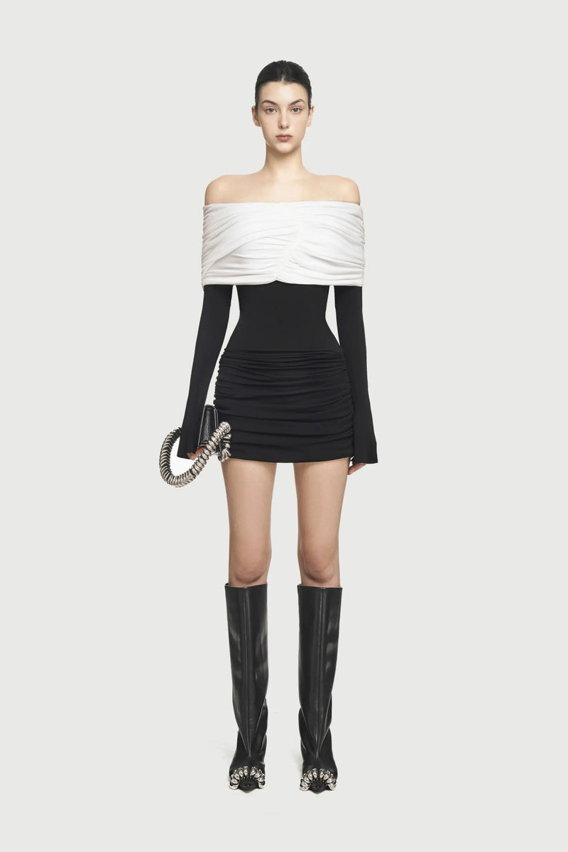 Off-Shoulder Ruched Knit Mini Dress