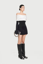 Off-Shoulder Long Sleeve Slight Flared Cuffs Ruched Bodycon Dress