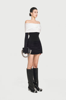 Off-Shoulder Long Sleeve Slight Flared Cuffs Ruched Bodycon Dress