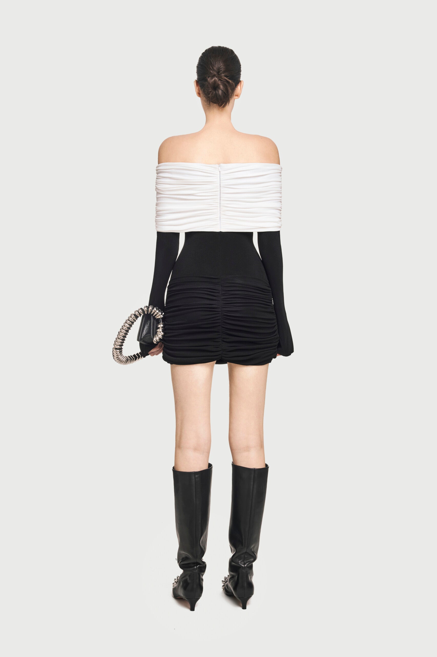 Off-Shoulder Long Sleeve Slight Flared Cuffs Ruched Bodycon Dress