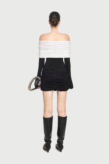 Off-Shoulder Long Sleeve Slight Flared Cuffs Ruched Bodycon Dress