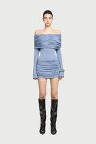 Off-Shoulder Long Sleeve Slight Flared Cuffs Ruched Bodycon Dress