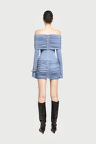 Off-Shoulder Long Sleeve Slight Flared Cuffs Ruched Bodycon Dress