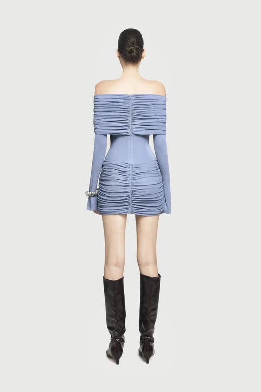 Off-Shoulder Ruched Knit Mini Dress