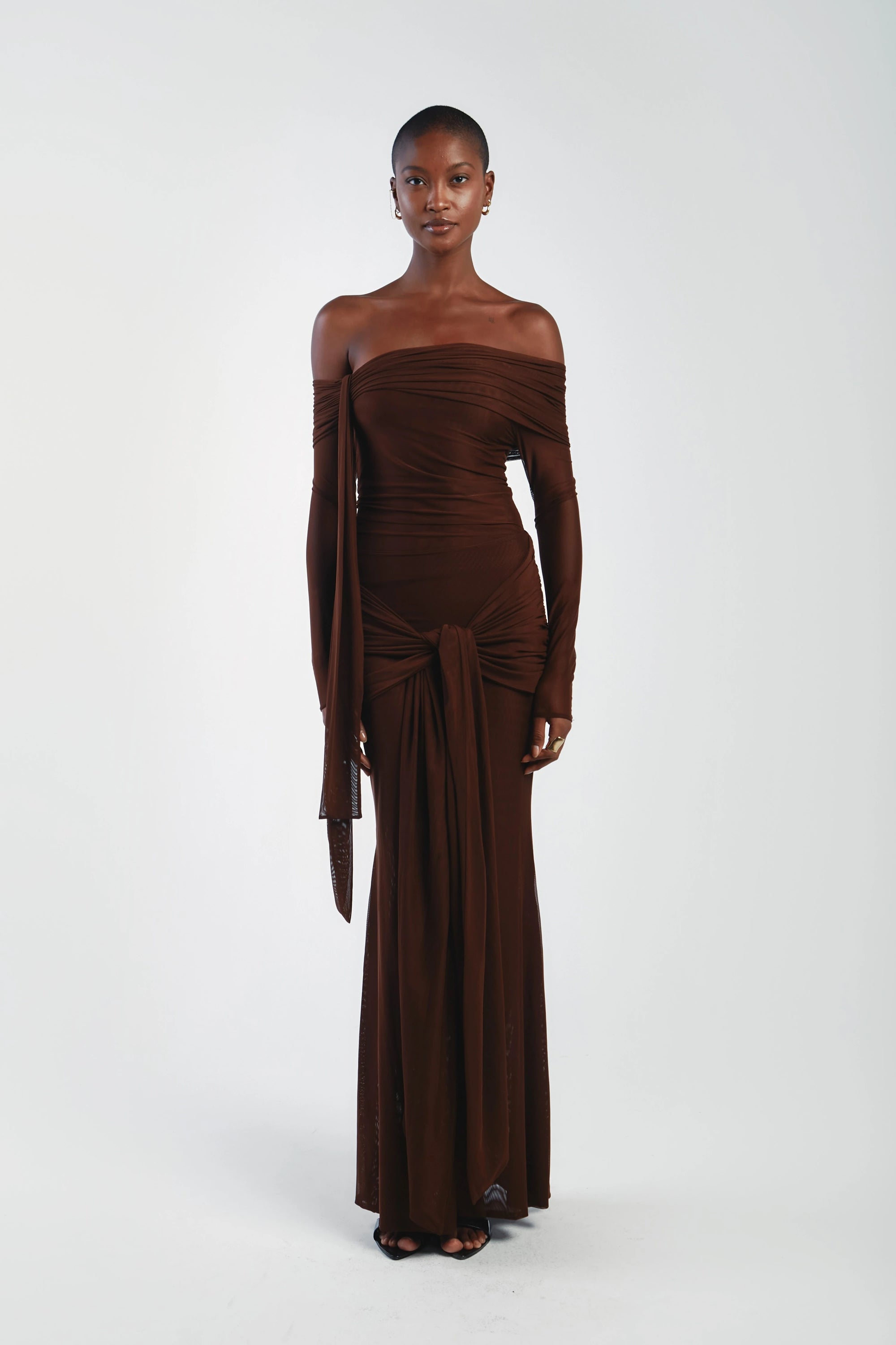 Asymmetrical Shoulder Knit Top & Draped Waist Skirt Set