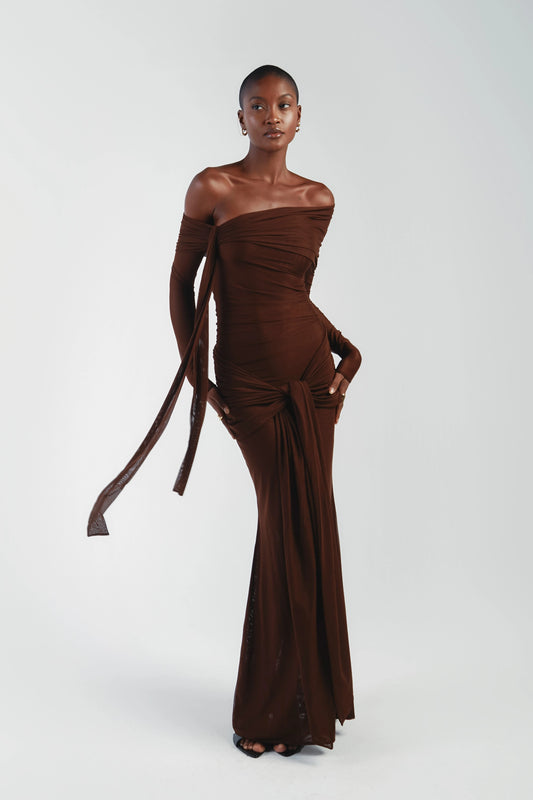 Asymmetrical Shoulder Knit Top & Draped Waist Skirt Set