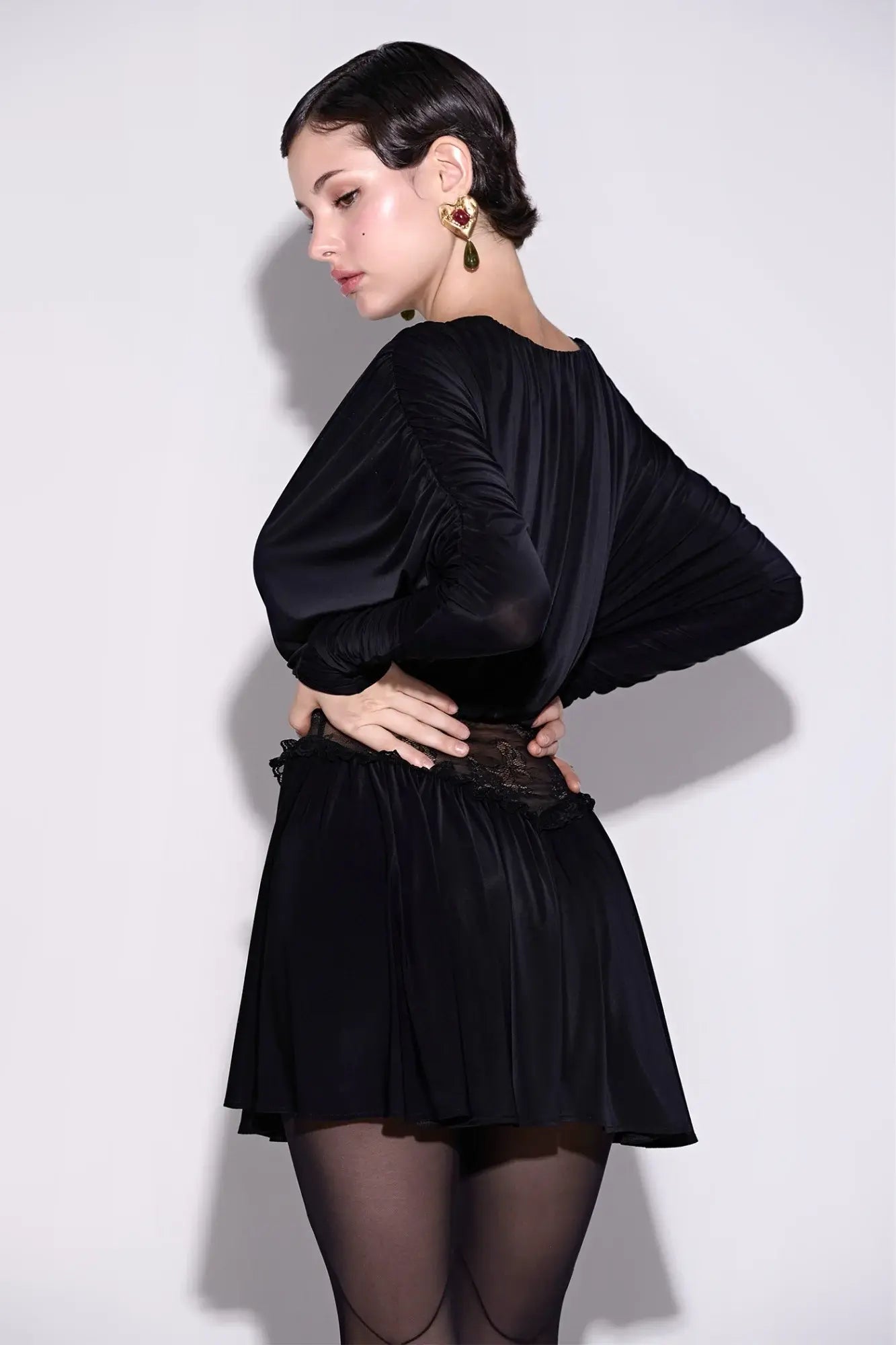 V-Neck Long-Sleeve Lace-Splicing Waist A-Line Mini Dress