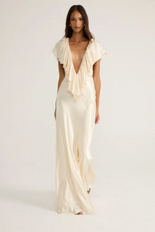 Deep-V Sleeveless Ruffle-Front Satin Maxi Dress