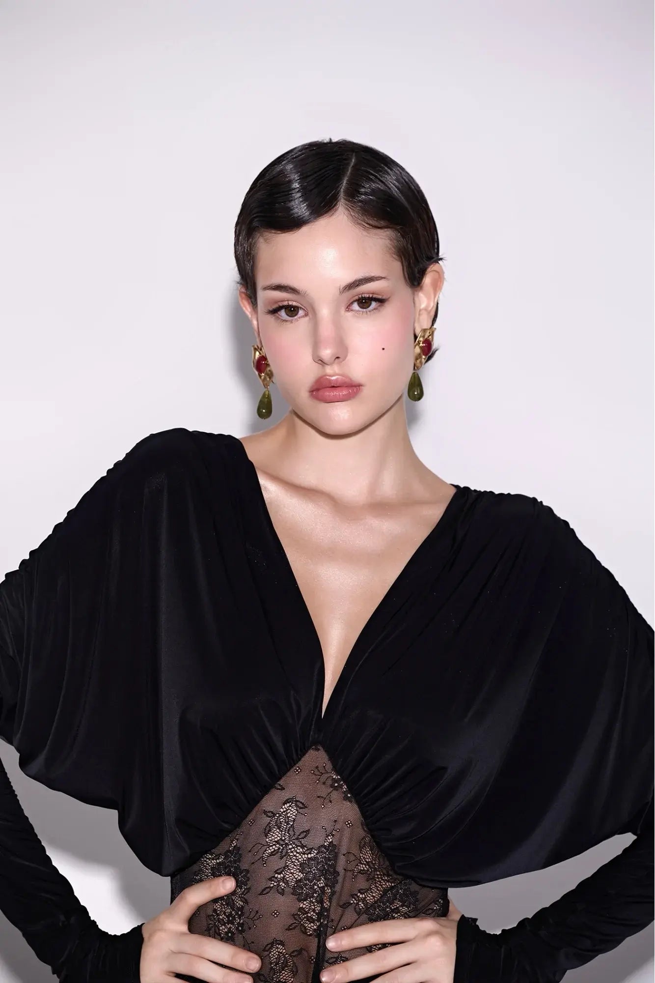 V-Neck Long-Sleeve Lace-Splicing Waist A-Line Mini Dress