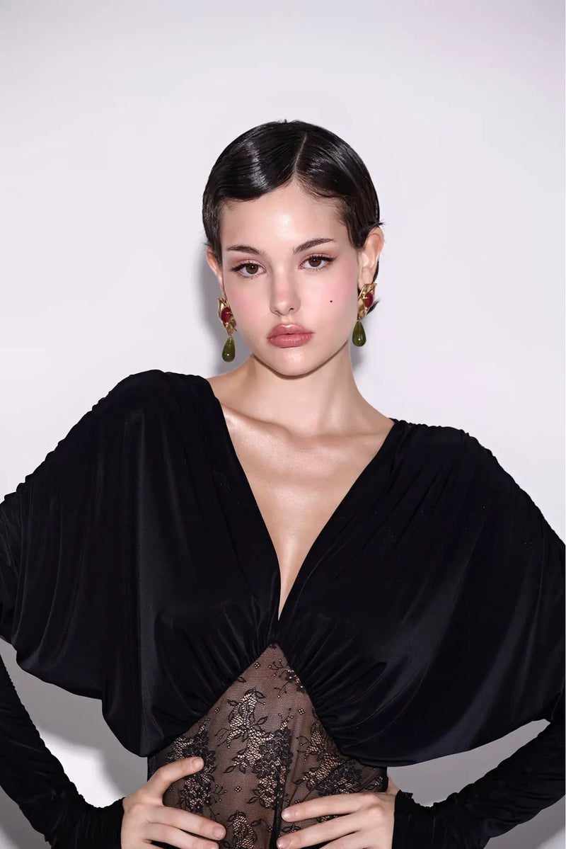 V-Neck Long-Sleeve Lace-Splicing Waist A-Line Mini Dress