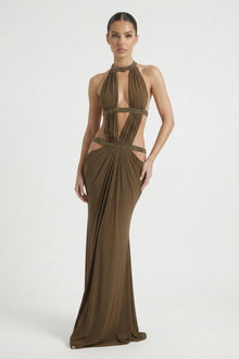Crew-Neck Sleeveless Cutout Ruched Backless Dress