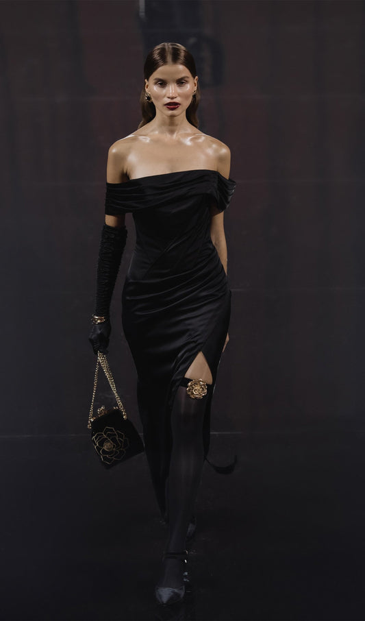 Satin Off Shoulder Diagonal Boning Maxi Dress