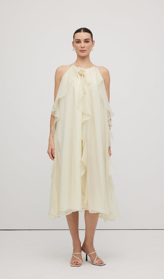 Halterneck Rose Detail Ruffle Midi Dress