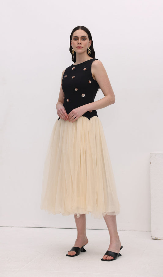 Vintage Contrast Tulle Midi Dress