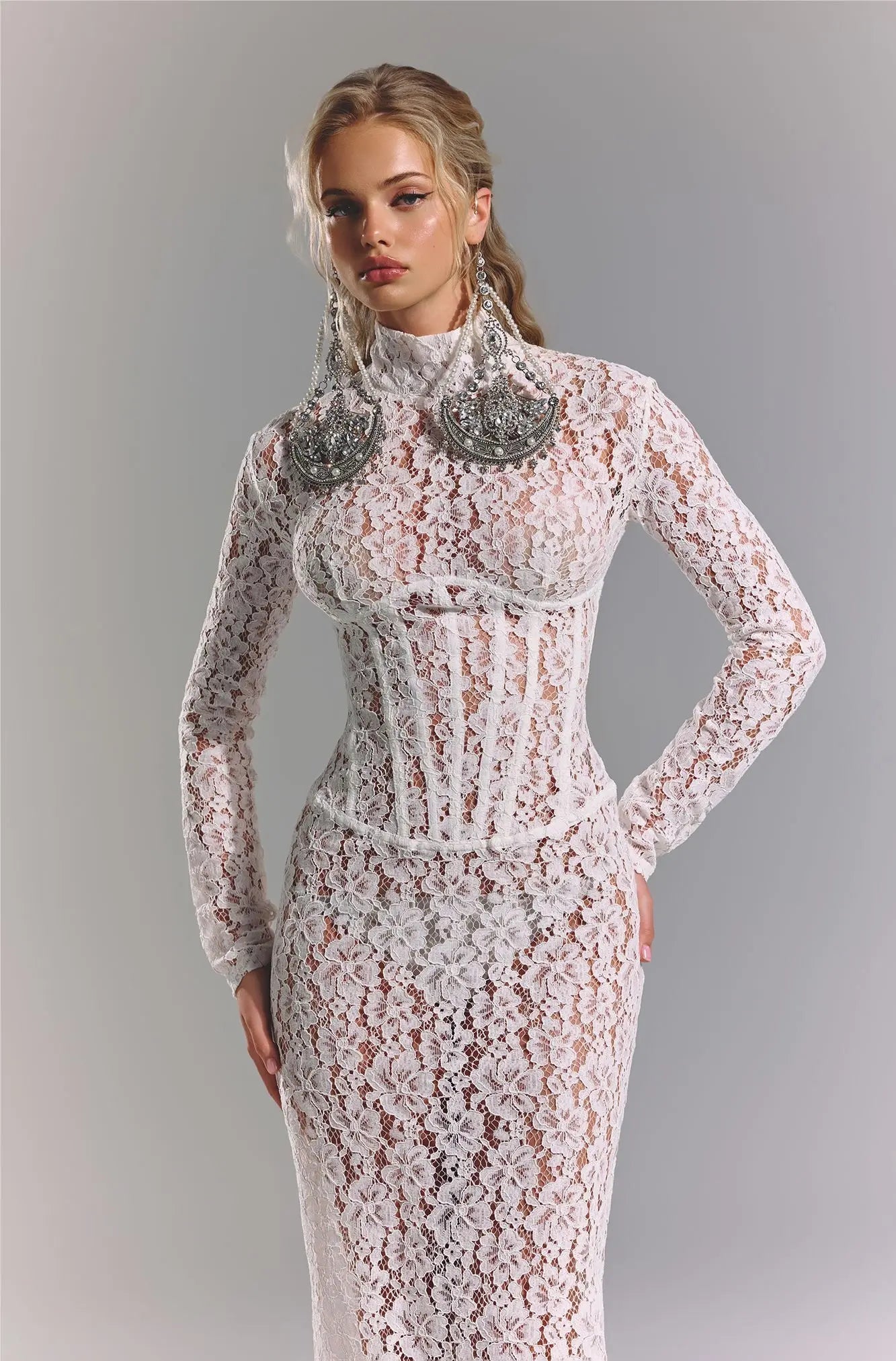 High-Neck Long-Sleeve Corset-Inspired White Lace Dress