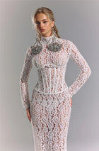 High-Neck Long-Sleeve Corset-Inspired White Lace Dress