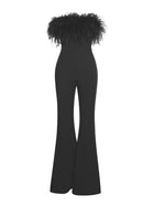 Bandeau Ostrich Feather Trim Bodycon Flare Leg Jumpsuit