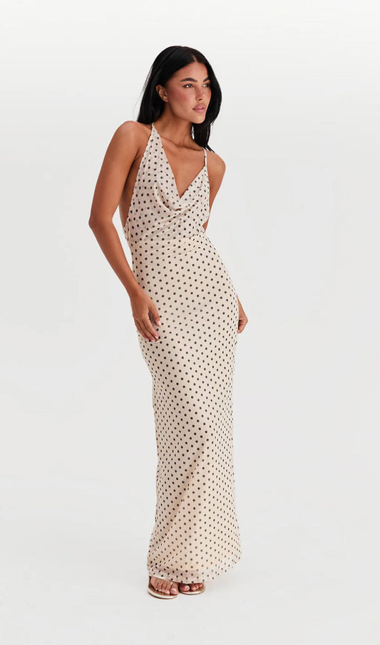 Asymmetric Cowl Polka Dot Maxi Dress