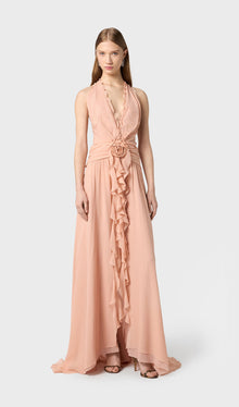 Halter Ruffles Rose Decoration Maxi Dress