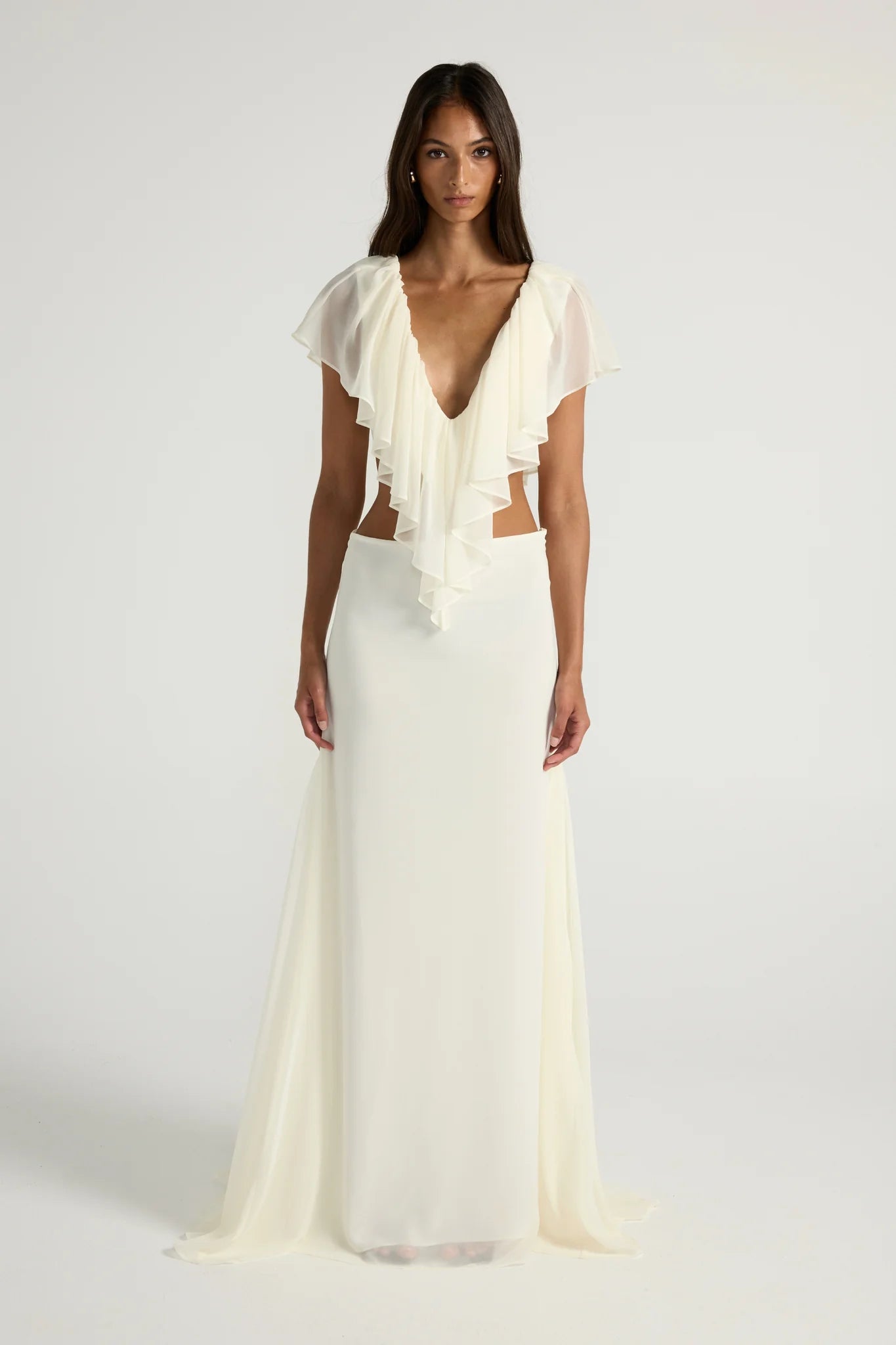 Chiffon V-Neck Ruffle Top and Maxi Skirt Two-Piece Set