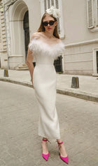 Lena Feather Trimmed Midi Dress White