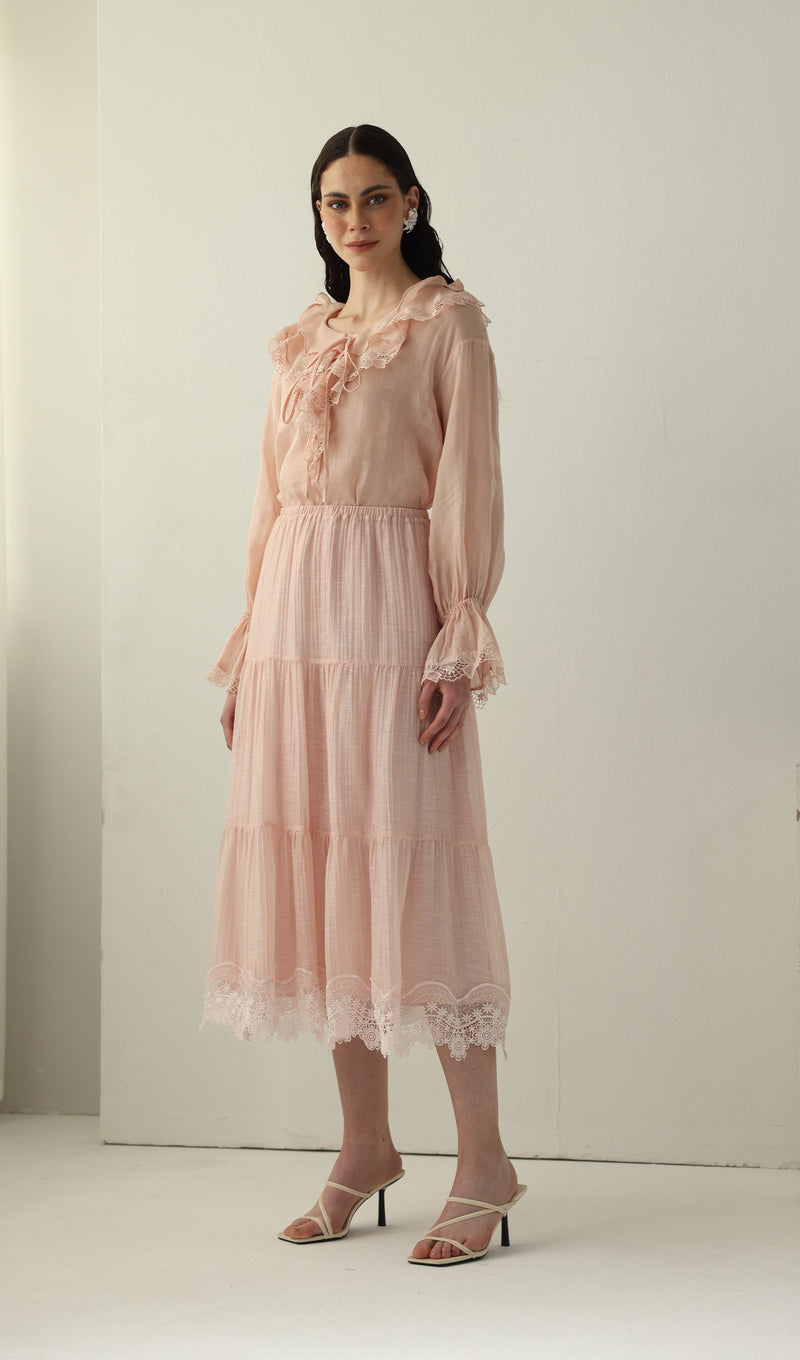 Long Sleeved Lace Panel Midi Skirt